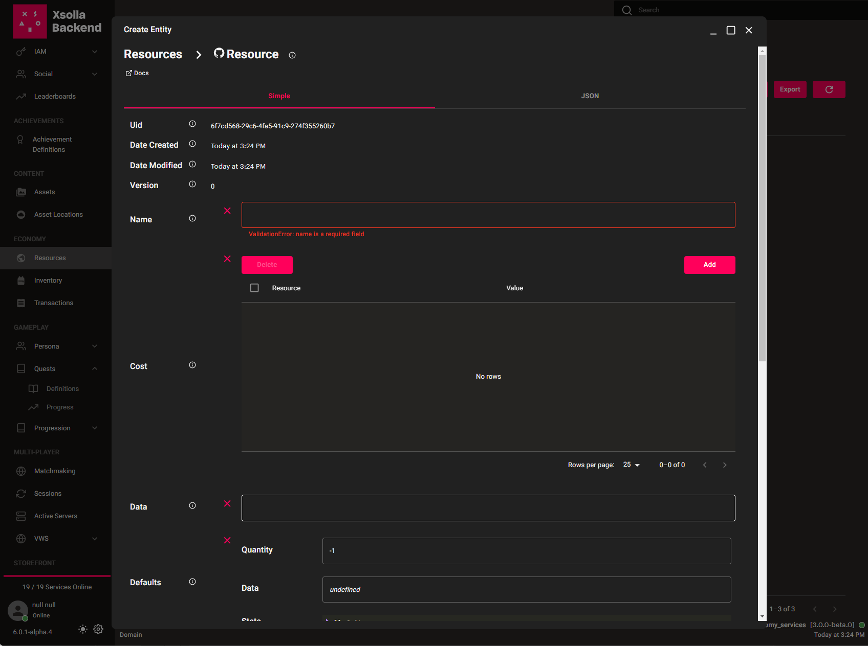 'Resource Creation' window