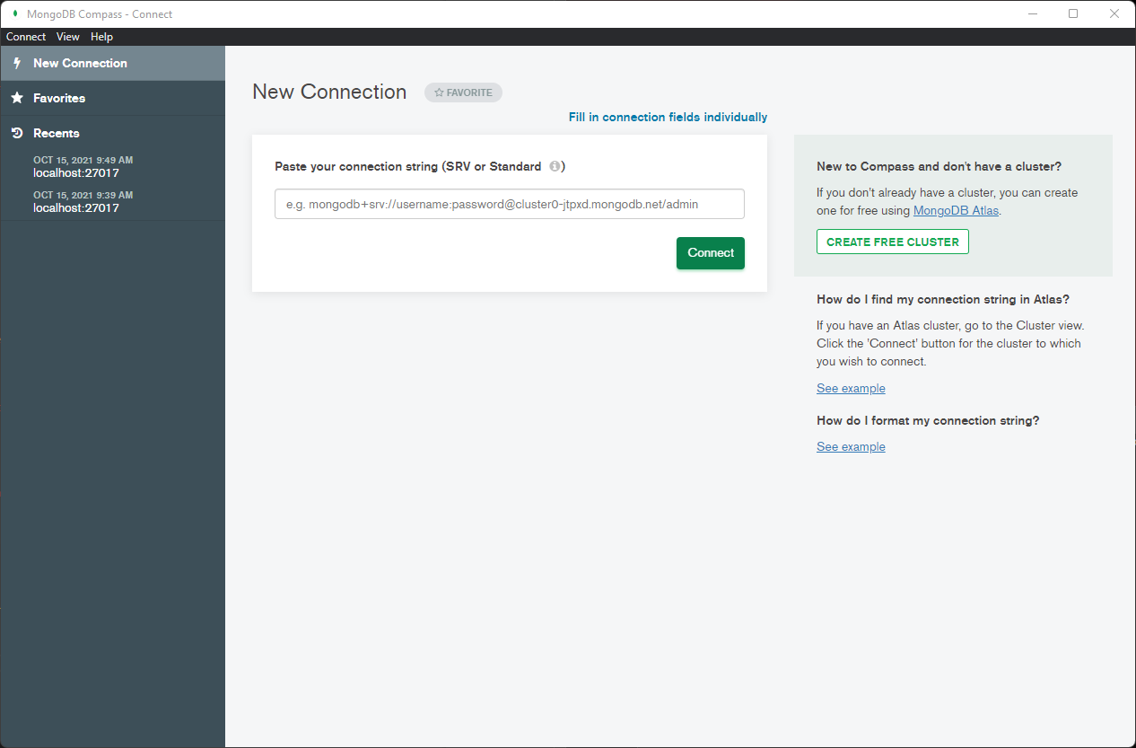 MongoDB Compass Connect Screen